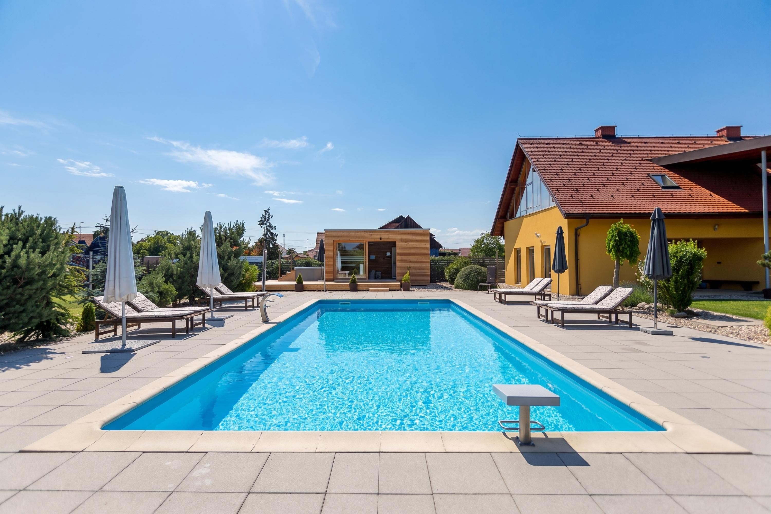 A rectangular swimming pool with lounge chairs and umbrellas, surrounded by a paved patio and a yellow building with a red roof.