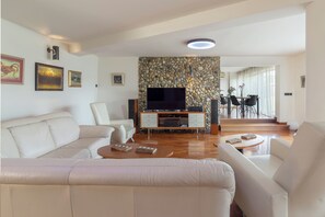 Familievilla, flere soverom, 2 bad, ved fjell (Pool Villa Prleški Raj) | Oppholdsområde | Smart-TV, peis, DVD-spiller og stereoanlegg