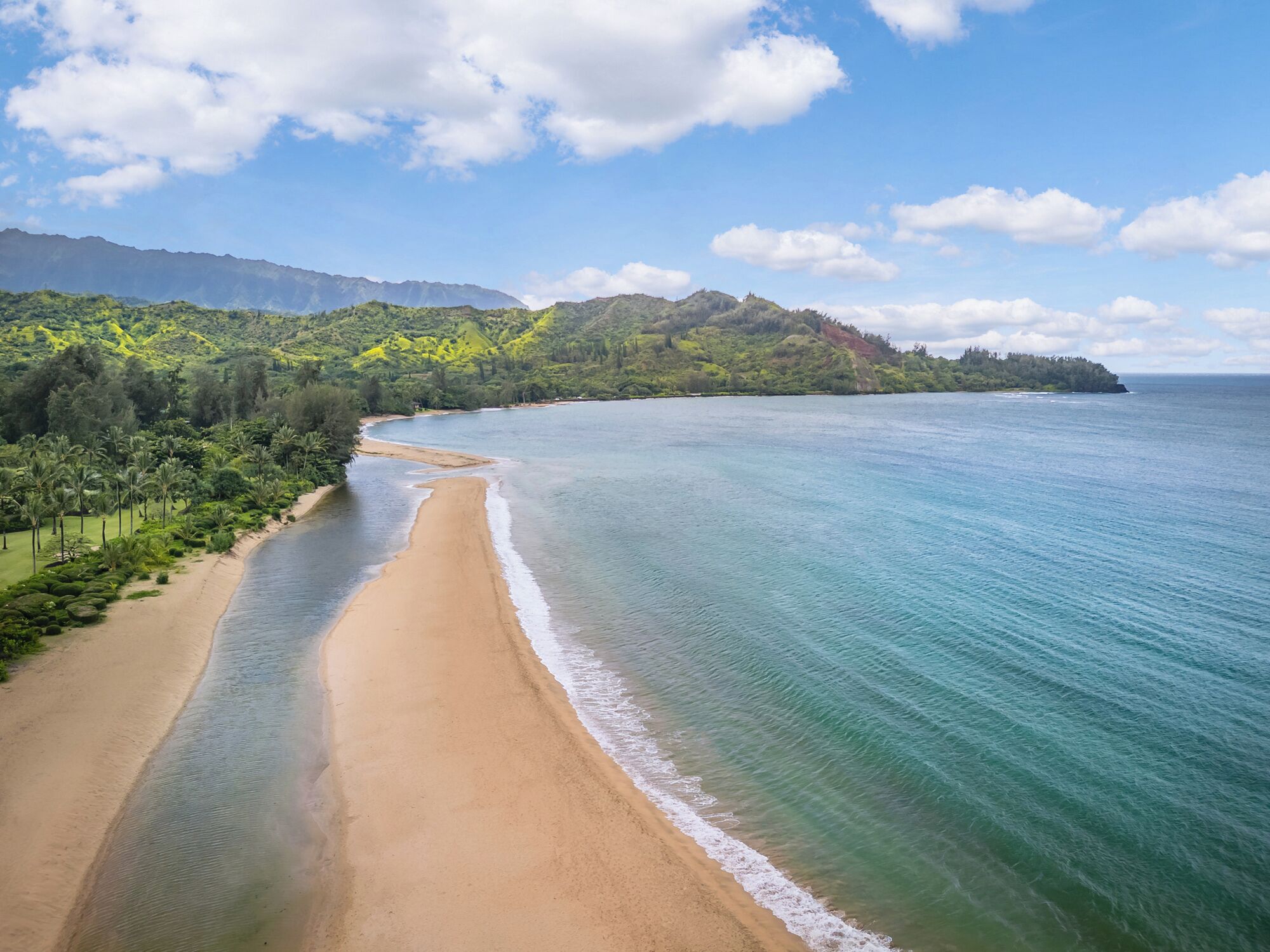 A beach with clear waters, a sandy shore, and a forested hillside.