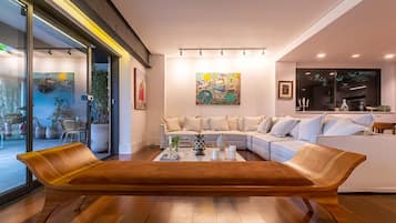 Smart TV, fireplace, DVD player, books