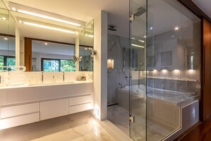 Bathtub, jetted bath, hair dryer, bidet