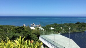A resort with a view of the ocean, lush greenery, and a clear sky.