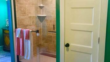 Hair dryer, towels, soap, shampoo