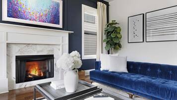 Smart TV, fireplace, table tennis, books