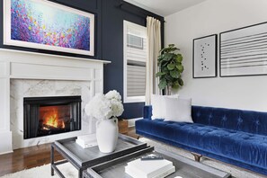 Smart TV, fireplace, table tennis, books