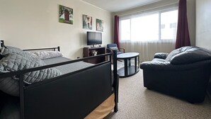 Ett sovrum med en säng, en tv, en stol och en soffa.