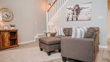 TV, fireplace, books, music library