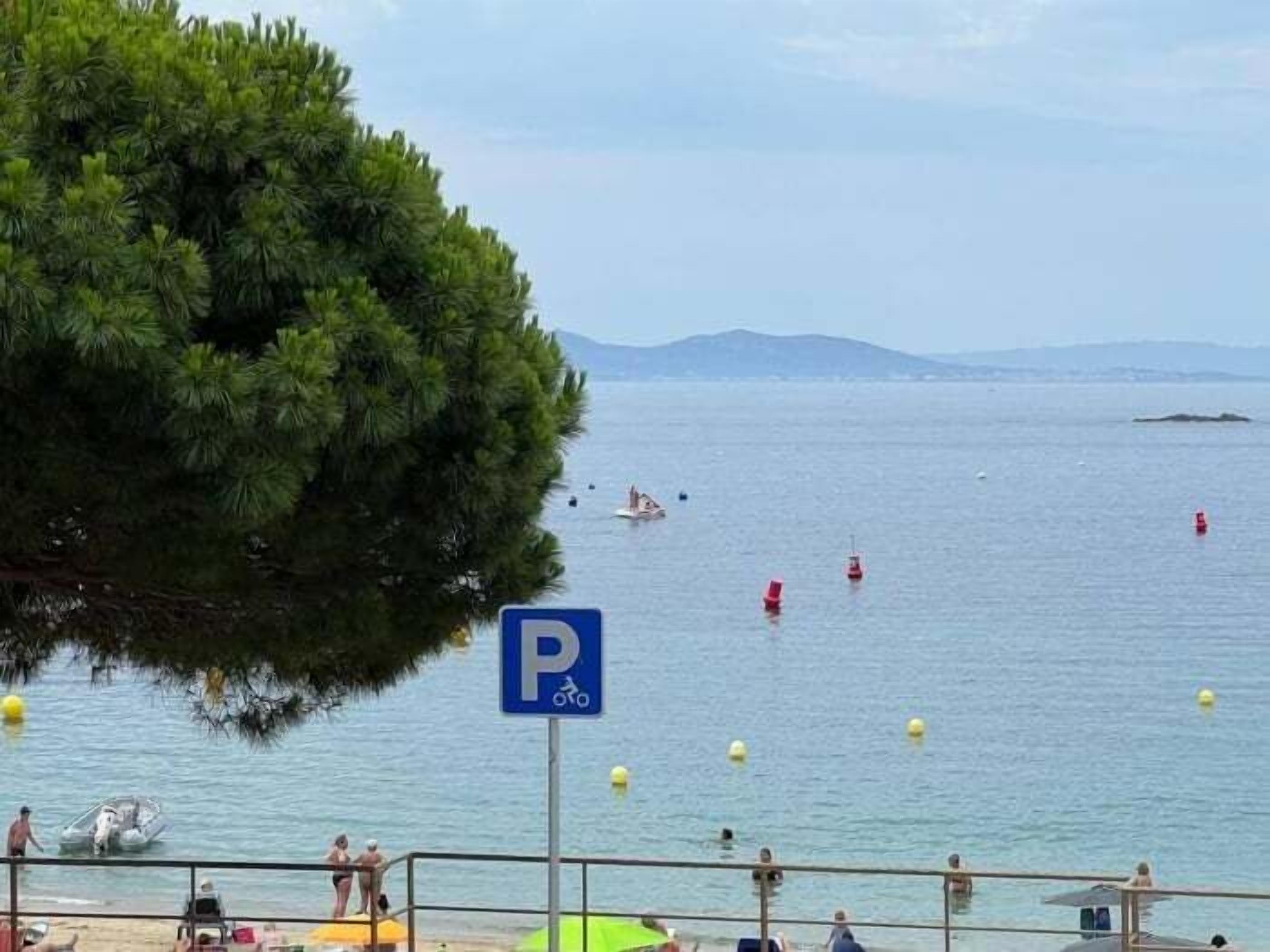 A coastal scene with a parking sign, a tree, and people on the beach.