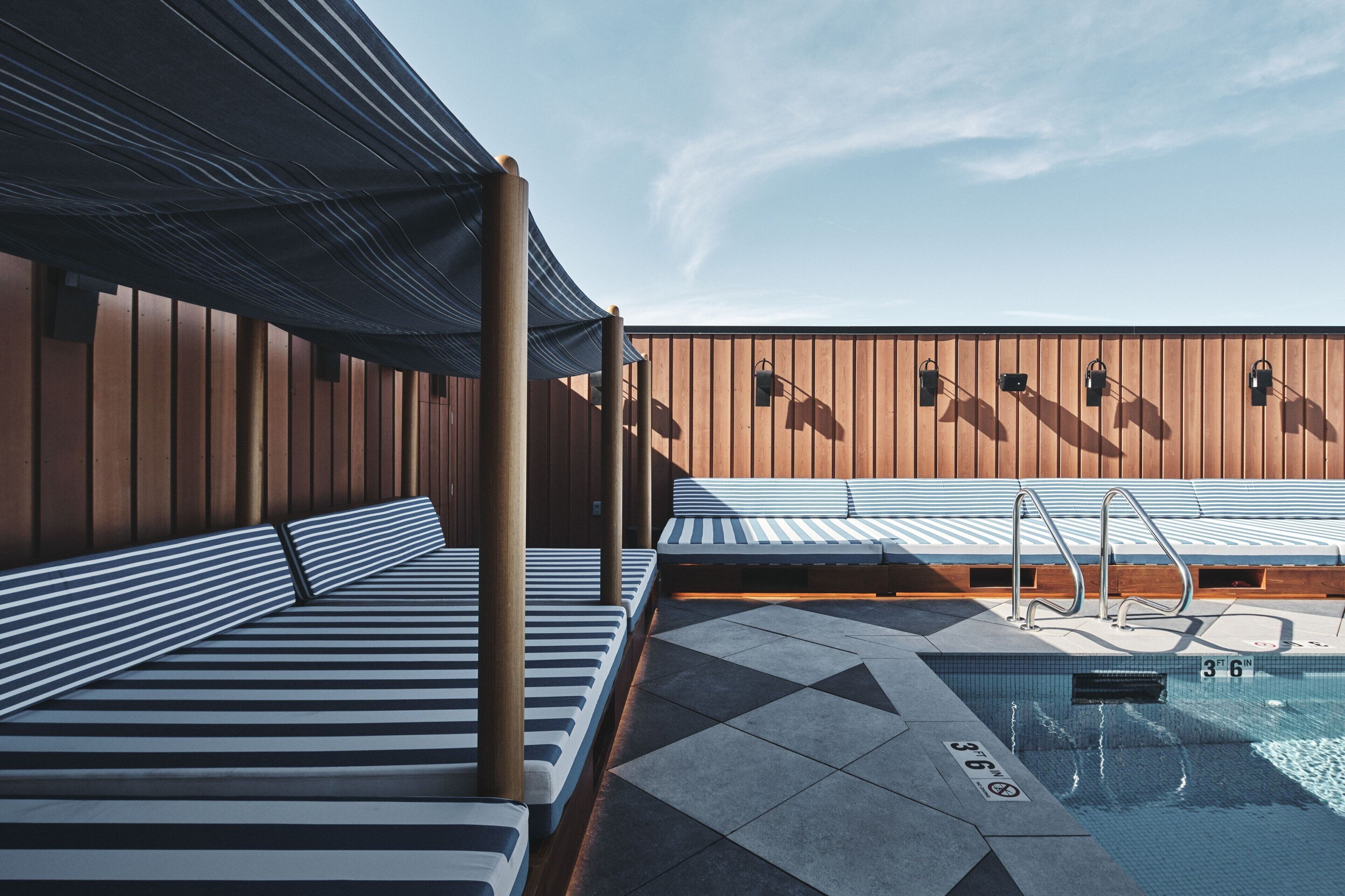 outdoor pool, pool loungers