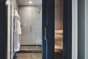 Rainfall showerhead, designer toiletries, hair dryer, bathrobes