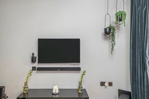 Un salon moderne avec un téléviseur à écran plat fixé au mur, une console noire agrémentée d’objets décoratifs et des pots suspendus contenant des plantes vertes.