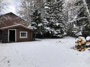Cozy cabin surrounded by a snow-covered yard and evergreen trees.