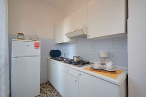 Fridge, microwave, stovetop, cookware/dishes/utensils