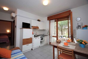 Fridge, microwave, stovetop, coffee/tea maker