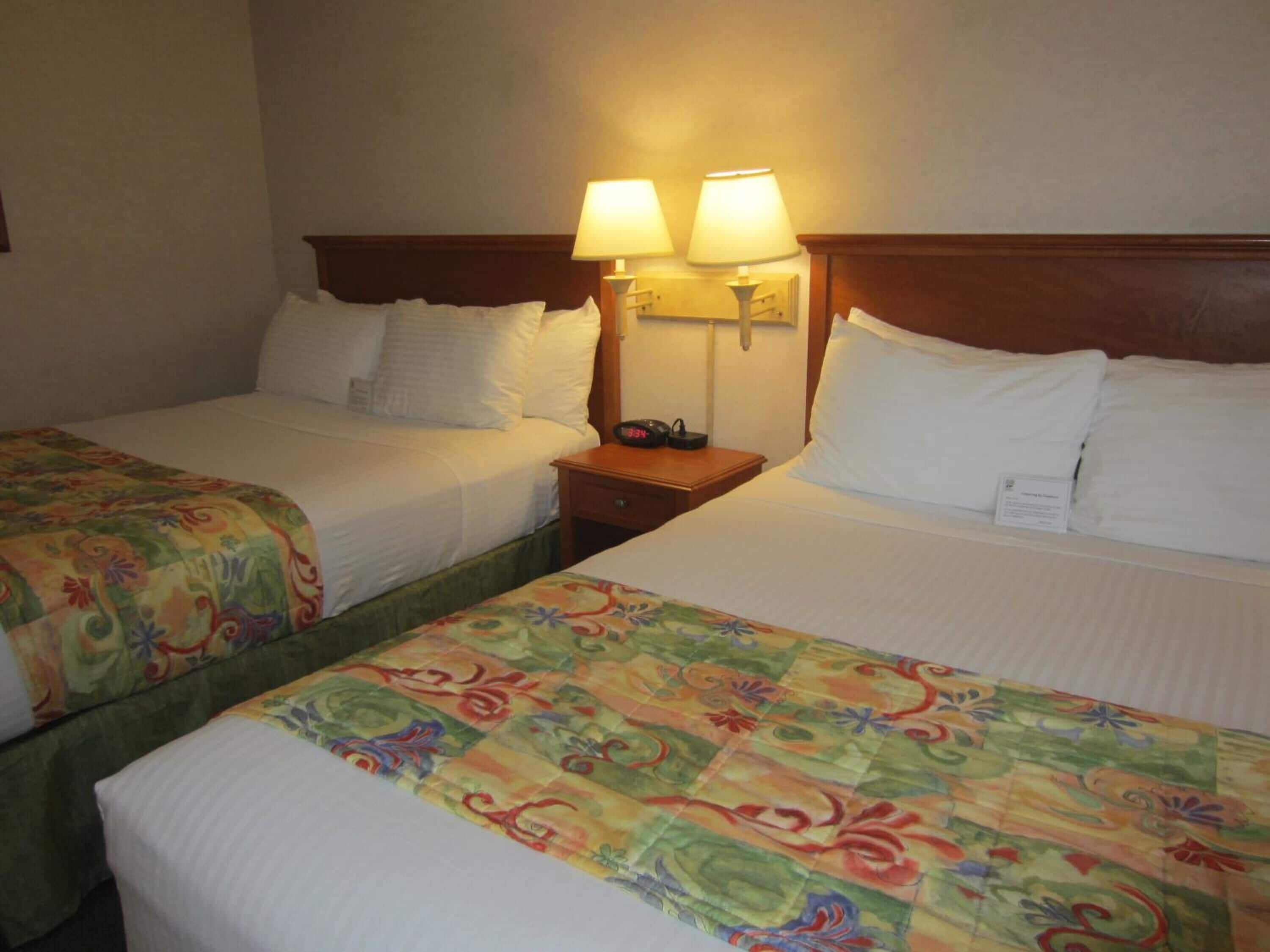 Habitación de hotel con dos camas, cada una con un edredón de estampado diferente, y dos lámparas de noche.