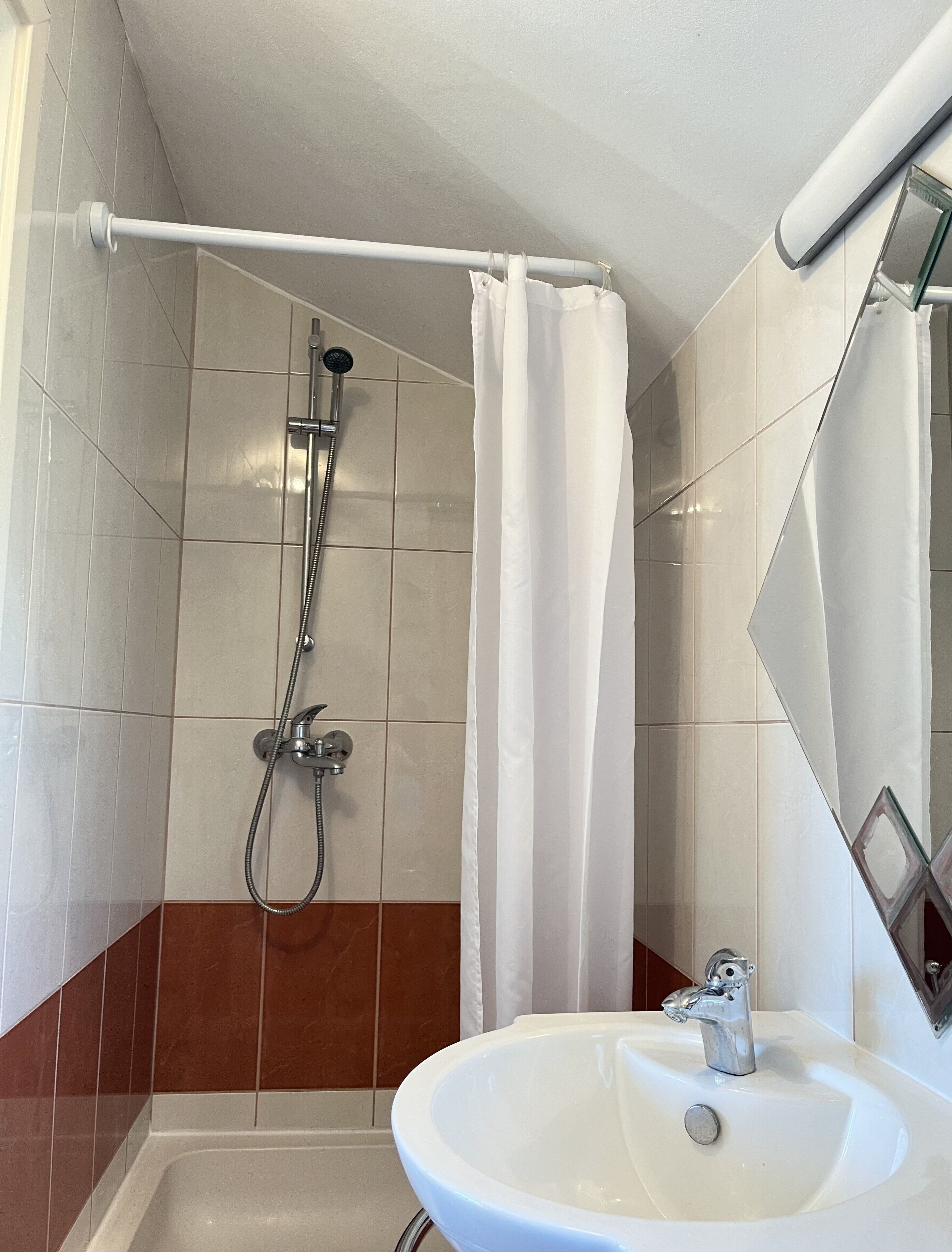 Een badkamer met een douche, wastafel en spiegel.