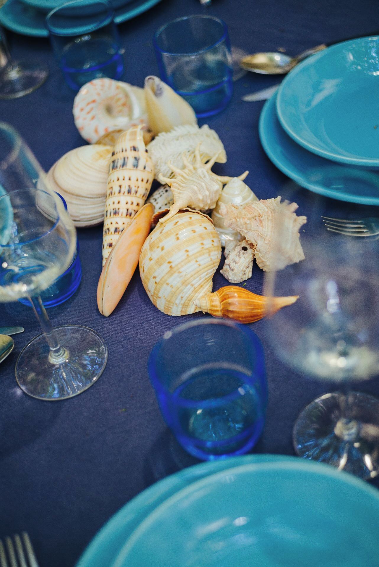 A table set with various seashells, blue glassware, and matching blue plates.