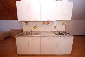 Kühlschrank, Mikrowelle, Herdplatte, Kochgeschirr/Geschirr/Besteck