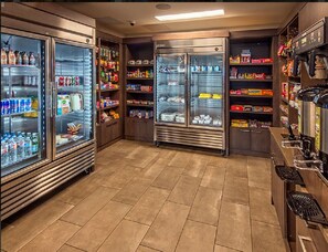 Convenience store offers a selection of snacks, beverages, and coffee.