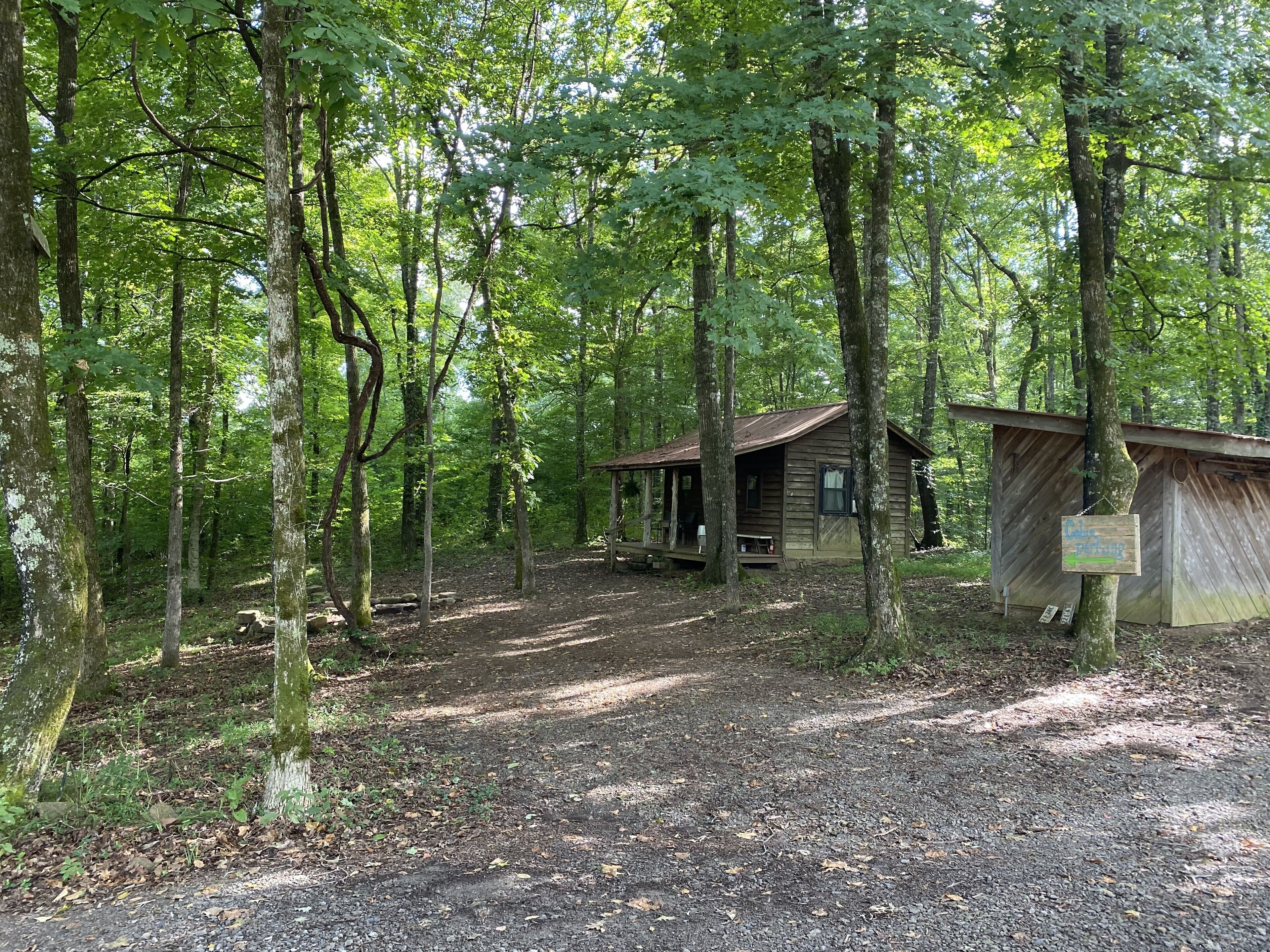 A rustic cabin with a porch, surrounded by dense forest.
