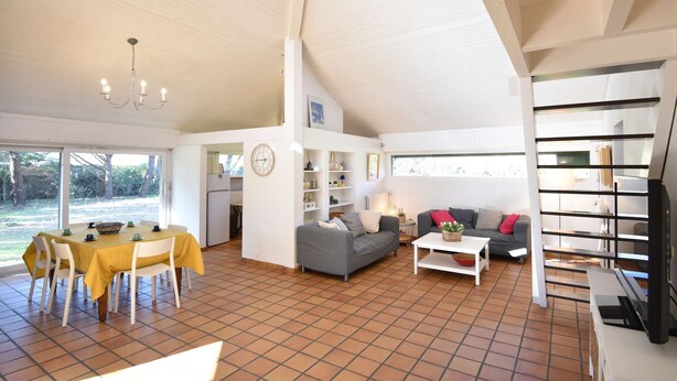 Ein geräumiger Wohnbereich mit Esstisch, Sofa und Fernseher.