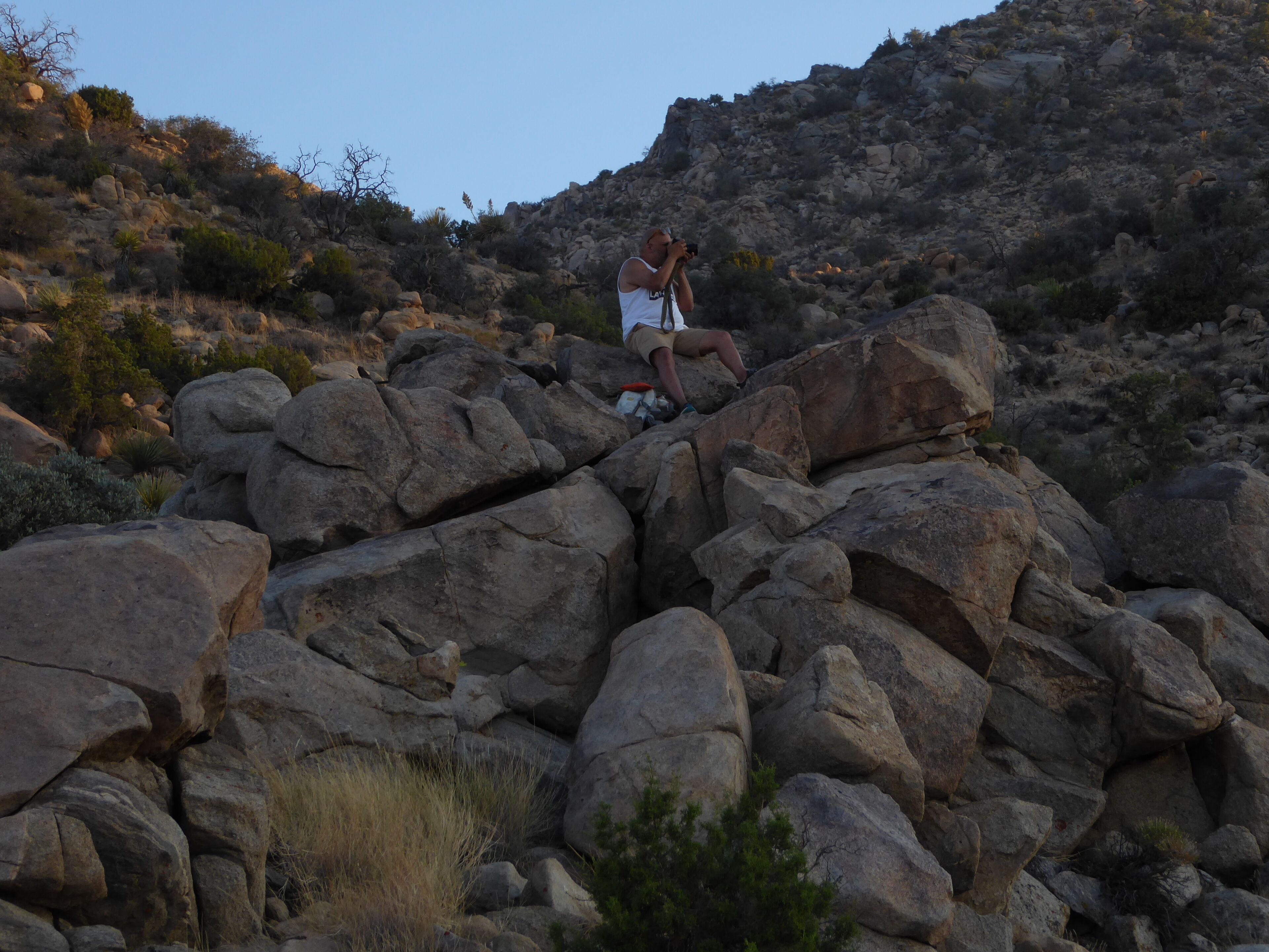 A rocky landscape with a person sitting on a rock.
