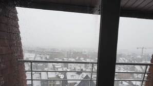 Een besneeuwd stadsbeeld, zichtbaar door een raam met een metalen hekwerk.