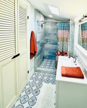 Shower, hair dryer, towels, soap