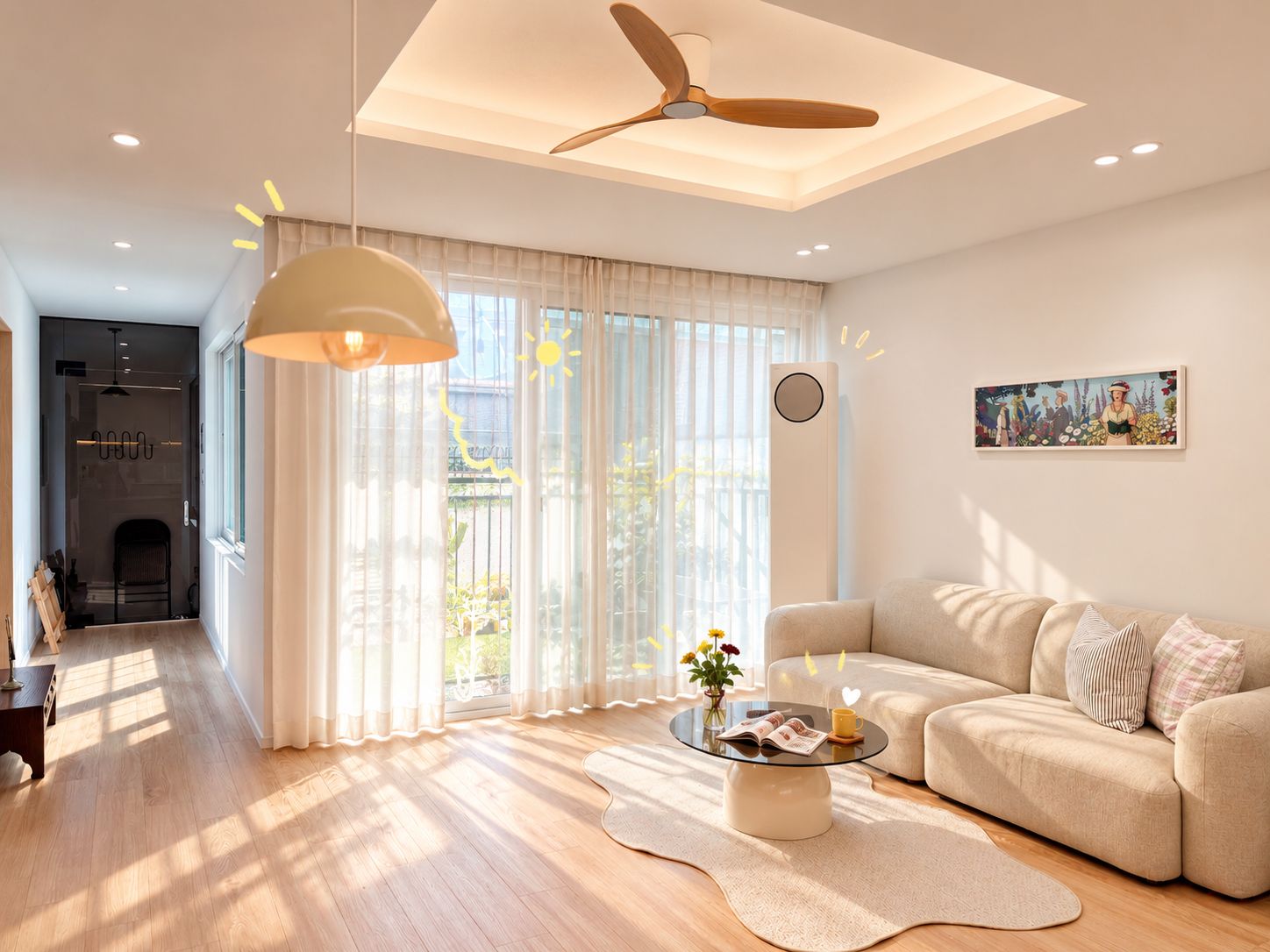 Een moderne woonkamer met een glazen salontafel, een beige bank en een plafondventilator.