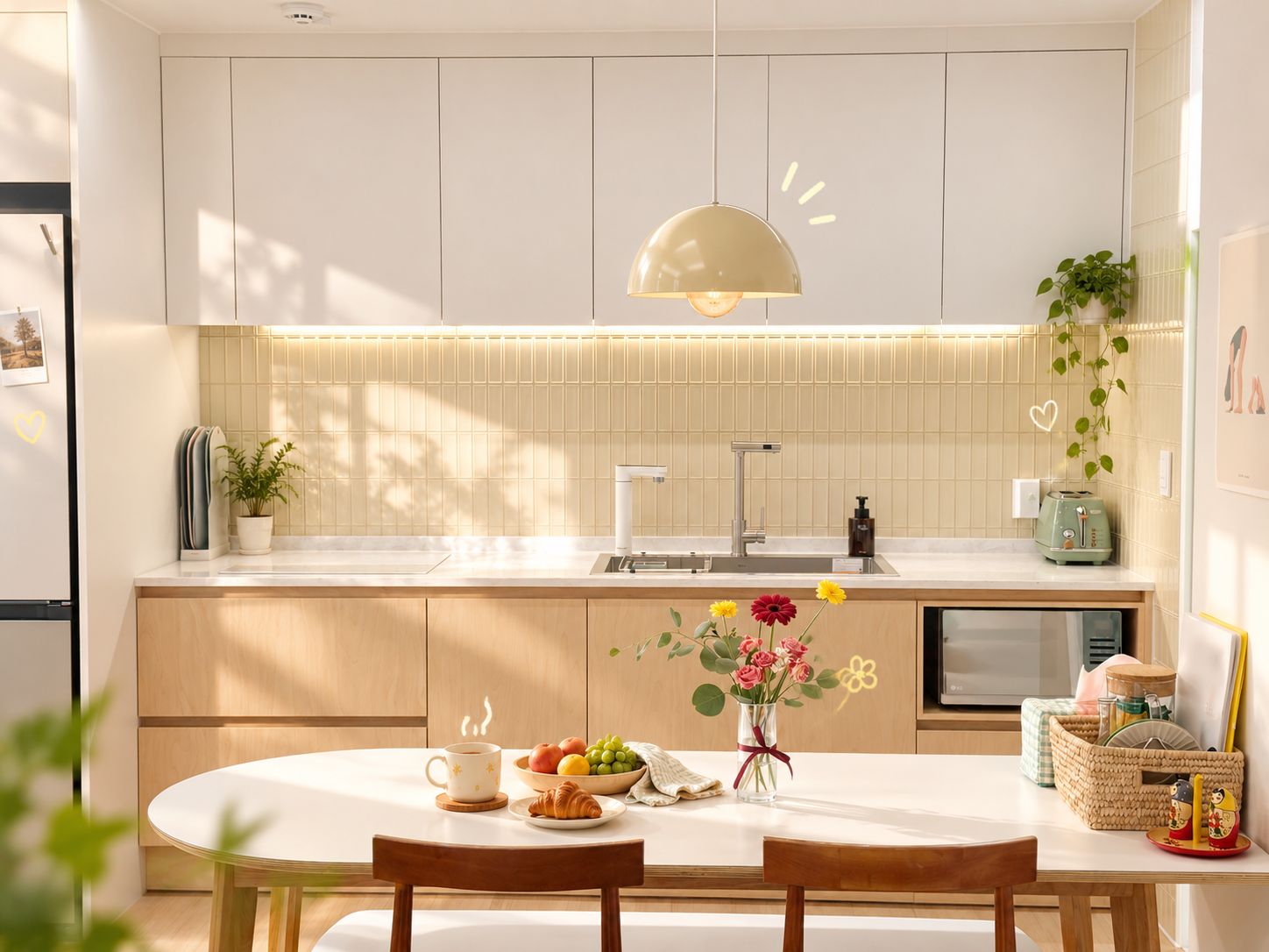 A modern kitchen with a dining area, featuring a white countertop, a sink, a pendant light, and a vase with flowers.