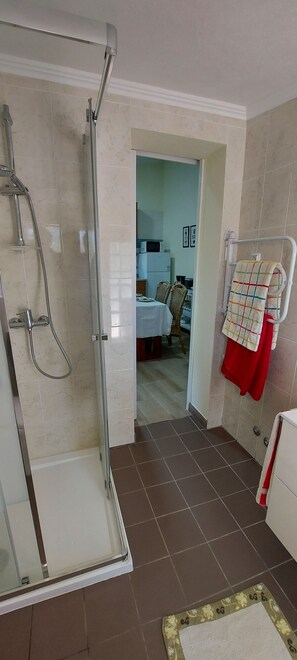 Dusche, Haartrockner, Handtücher, Seife
