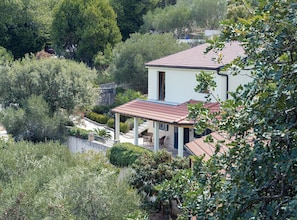 A two-story house with a tiled roof, surrounded by dense greenery and trees.
