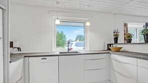A modern kitchen with white cabinetry, a built-in dishwasher, a large window with a view of the outside, and a countertop with a bowl and potted plants. - Pet friendly home in Blåvand with sauna (Blåvand)