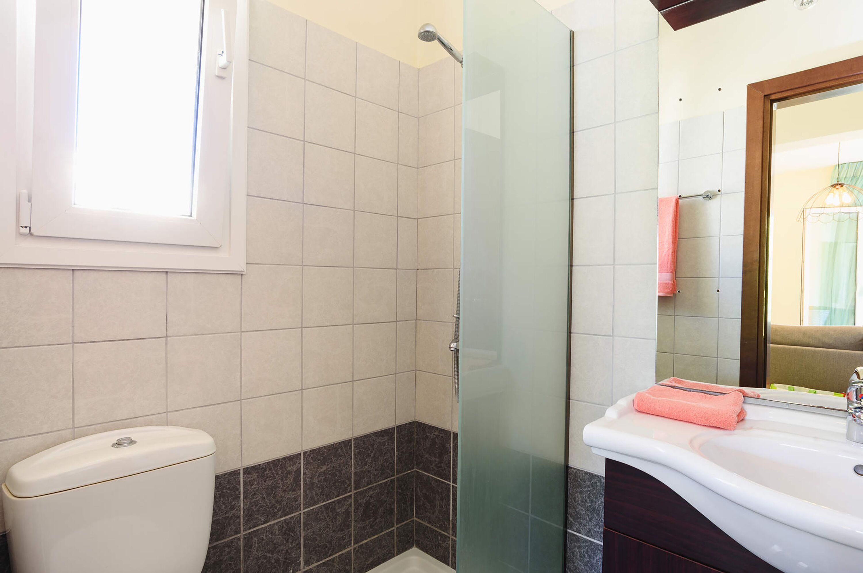 Une salle de bain avec douche, toilettes et lavabo.