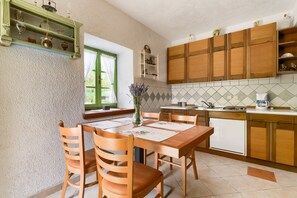 Fridge, oven, coffee/tea maker, toaster
