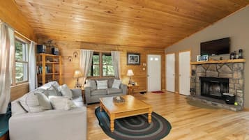 Smart TV, fireplace, video games, DVD player