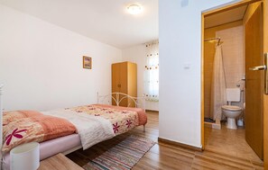 Een slaapkamer met een bed, een kledingkast, een badkamer met toilet en douche.