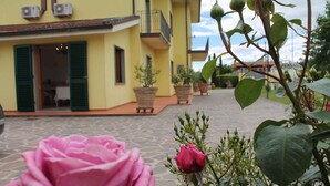 Un bâtiment jaune avec un balcon, des plantes en pot et un rosier rose au premier plan.