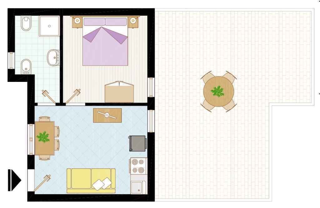A floor plan of a hotel room with a bed, a small kitchenette, a bathroom, and a dining area.