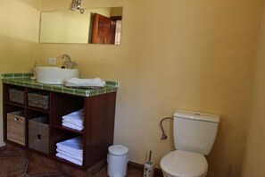 Un baño con lavamanos, espejo, inodoro y estantes de almacenamiento.