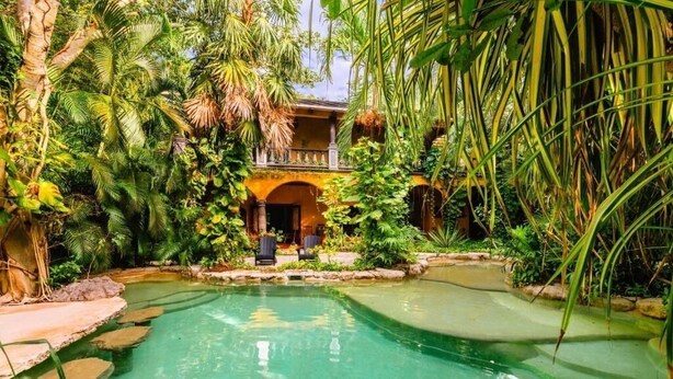 A pool surrounded by lush greenery and a building with an arched entrance.