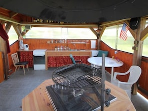 Fridge, microwave, oven, high chair