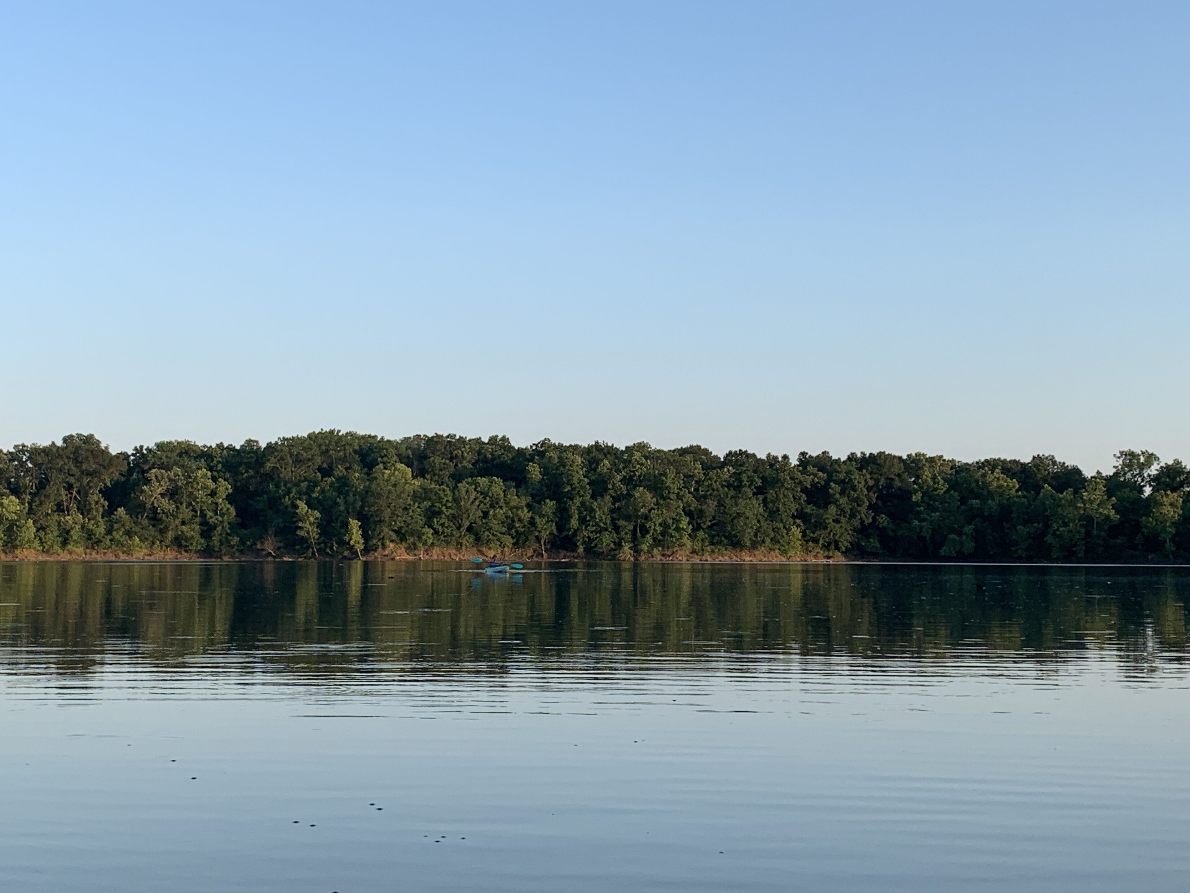 A calm lake with a forested shoreline and a small boat in the distance.