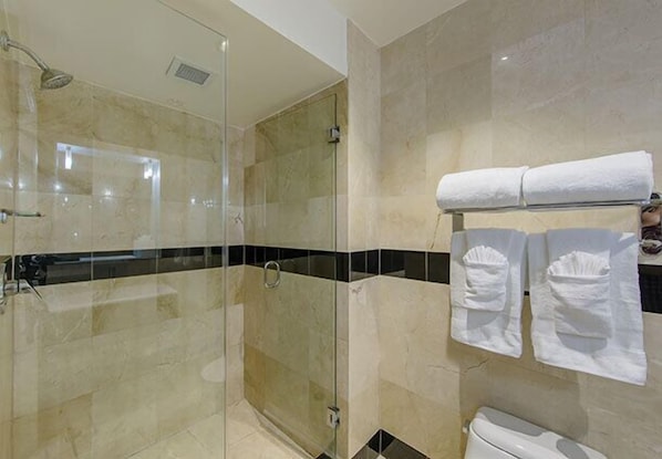 Hair dryer, towels, soap, shampoo