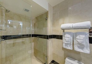 Hair dryer, bidet, towels, soap