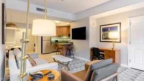 TV, fireplace, music library