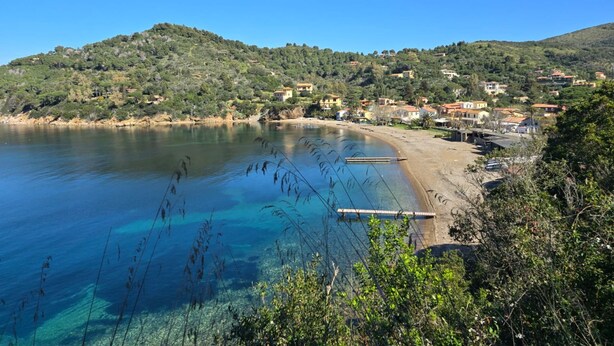 A coastal town with clear waters, a sandy beach, and houses on a hillside. - APP.TI LA BAIA BAGNAIA - BILOCALE ROSMARINO (Portoferraio)