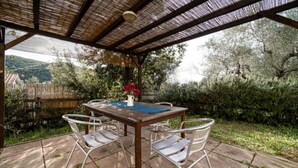 An outdoor patio with a wooden table and metal chairs, surrounded by lush greenery and trees. - APP.TI LA BAIA BAGNAIA - BILOCALE ROSMARINO (Portoferraio)