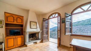 Una habitación con chimenea, armarios de madera, televisor y un ventanal con vistas a la montaña.