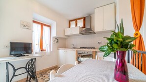 Une cuisine de taille modeste, avec des meubles blancs, une cuisinière et un évier. On y trouve une télévision posée sur une table et une plante en pot sur le rebord de la fenêtre.